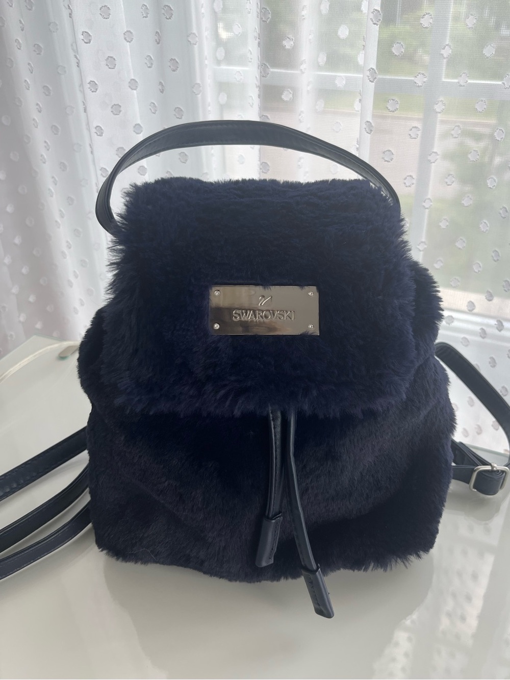 Swarovski Navy Faux Fur Mini Backpack with Logo Plaque